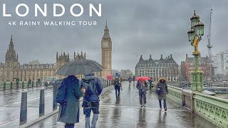 Grey & Rainy London Early Morning Walk in Central London, Westminster Bridge & Regent Street- 4k HDR