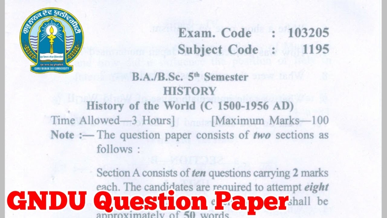 Gndu BA / Bsc 5th Semester History Question Paper || Ba 5th Semester ...