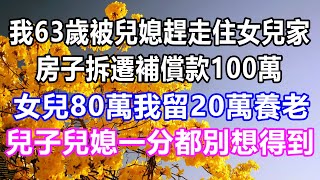 我63歲被兒媳趕走住女兒家,剛好房子拆遷補償款100萬，直接給女兒80萬我留20萬養老，兒子兒媳一分都別想得到！#幸福心語 #為人處世 #生活經驗 #情感故事