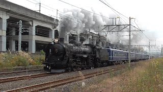 2021年11月18日　蒸気機関車 C61 20 試運転(2) 高崎駅入線･発車　C61 20＋12系客車 5両＋EF64 1053、貨物列車 EH200-13＋コキ 20両　  JR高崎駅