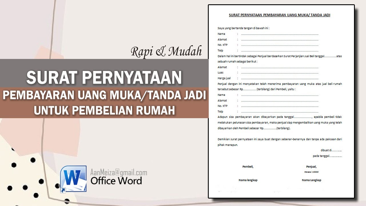 Surat Pernyataan Pembayaran Uang Muka Atau Tanda Jadi Untuk Pembelian ...