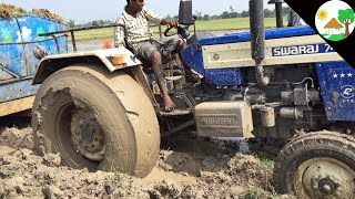 swaraj 744 tractor stuck in mud with Heavy Load/ John Deere Pulling Swaraj Tractor/come to village