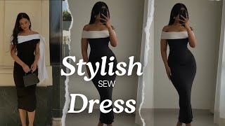 DIY: How To Cut and Sew this Stylish Off-shoulder Dress with shoulder Cape and bow tie