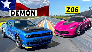 Dodge vs Chevy No-Prep Showdown! 1025hp DEMON drag races Z06 Corvette
