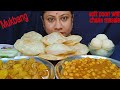 eating soft Poori with chana masala, spicy 🔥 Soya curry, salad 🥗, rasgulla, Indian food..