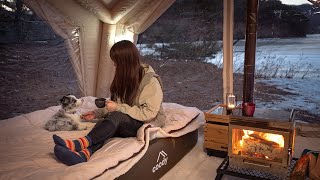 On a Snowy Lake, In a Cozy air tent, Relaxed Camping with my puppy | camping ASMR