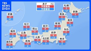 あすは西日本から東日本は10℃を上回るところも多く関東も12℃前後に　火曜日は雨や雪も｜TBS NEWS DIG