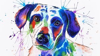 Rainbow dog in watercolor. How to paint fur colorful. Abstract pet painting.