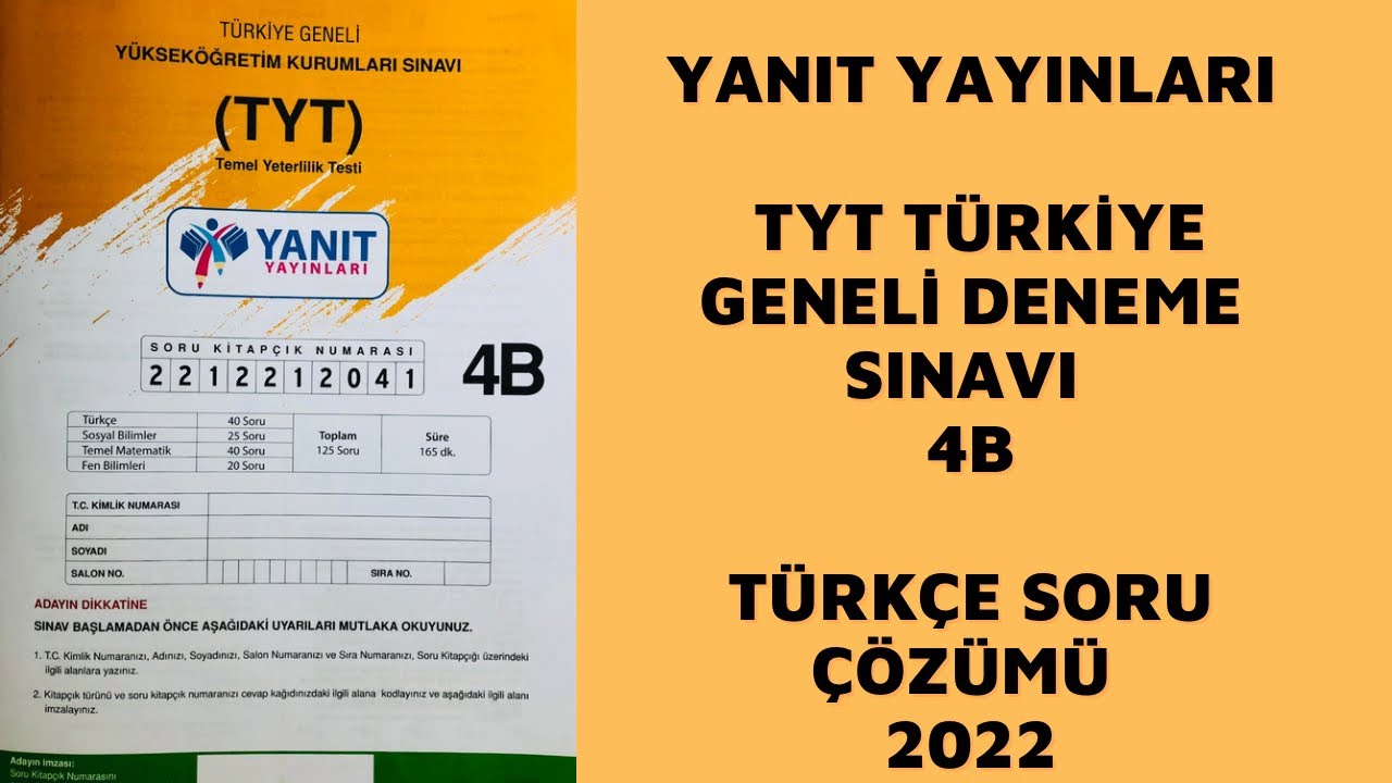 Yanıt Yayınları TYT Türkiye Geneli Deneme Sınavı 4B - Türkçe Soru ...