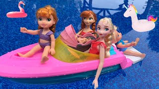 Vacation Elsa and Anna toddlers on boat barbie Beach House doll travel Routine