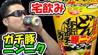 どん兵衛のガチ豚ニンニクうどんで宅飲みする男【テマキの実写】