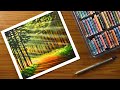 Easy forest lights drawing with oil pastel / How to draw easy forest Landscape -step by step