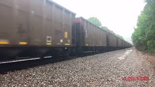 CSX 927 Leads Long Loaded SB Coal Train Florence SC In The Rain and Wind