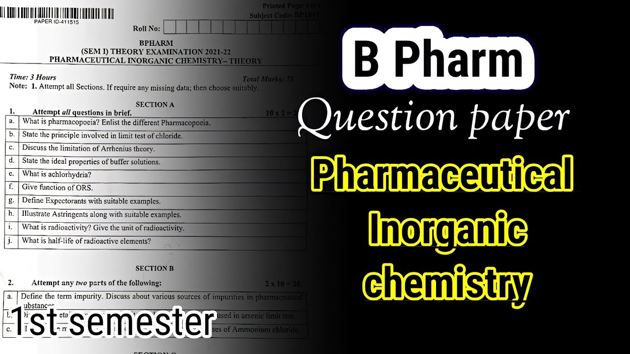 B Pharma Question Paper |1st Semester| Pharmaceutical Inorganic ...