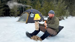 Carving a Lamp While Hot Tent Camping In Idaho Forest