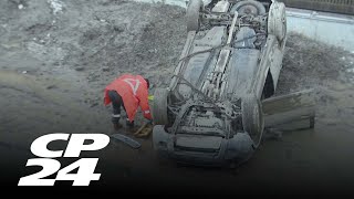 Vehicle strikes construction worker, flips over