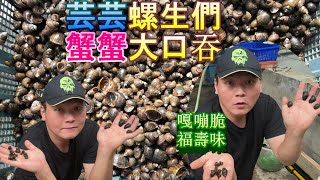 【螺生們】把採集的淡水螺，拿來餵食給廠內生物，看員工們的喜好程度，好決定是否將螺兒訂為固定員工餐之一。