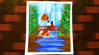 beautiful couple on bridge waterfall painting||acrylic painting tutorial||sana art creation