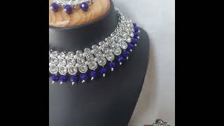 Traditional Reverse AD Necklace Set in Rhodium Finish and Navy Blue Color JIA1645