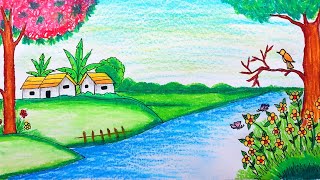 Beautiful Spring Season Scenery Drawing | Easy Landscape Drawing Step by Step