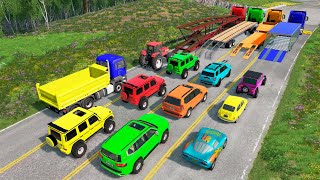 Flatbed Trailer Cars Transportation with Truck - Speedbumps vs Cars vs Train - BeamNG.Drive #91