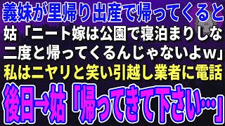 【スカッとする話】義妹が里帰り出産で帰ってくると姑「娘が帰るまで公園で寝なｗ」私はニヤリと笑い引越し業者に電話→数日後、泣きわめく姑から大量の着信がｗ【修羅場】