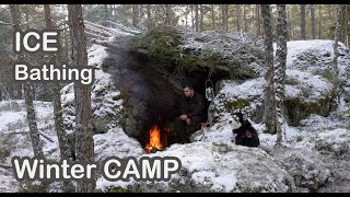 Winter camping Overnight Between TWO Large Stones - ICE Bathing, and SELF - Meditation