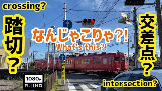 踏切？交差点？道路上を縦断する名鉄電車　Railroad crossing? intersection? Meitetsu train crossing the road