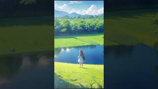 girl coming from school, across a field, listening to dreamy lofi music, stops in front of a lake to