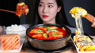 ASMR 辛いキムチチゲ🌶チーズ卵焼き スパム! 韓国自家製 モッパン 咀嚼音 MUKBANG EATING SHOW