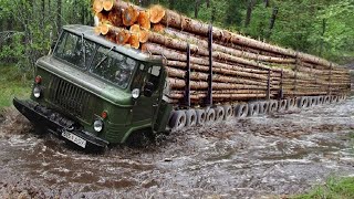 Amazing Dangerous Logging Wood Truck Operator Skill. Fastest Crossing Deep River Wood Truck Driving