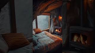 The secret of coziness: a cave with a fireplace and a snowy landscape