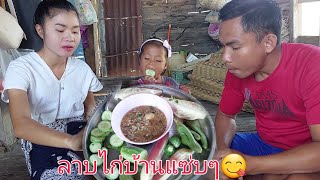 ลาบไก่บ้านกินคู่กับผักพื้นบ้านน้องเนยเป็นตากล้องให้พ่อดาวแซ่บเถียงนาน้อย