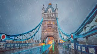 London Rain Walk - Early Morning City of London Ambience to Iconic Tower Bridge - 4K 60FPS