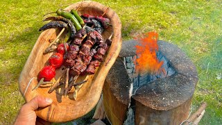 Shish Kebabs Cooking in Swedish Torch / Swedish Torch