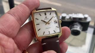 Omega Mens Seamaster Automatic Gold Plated Vintage Brown Leather Square Dial 🇨🇭 watch FOR SALE 👇