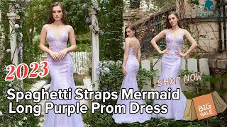 Zapaka Women Prom Dress Purple Sweetheart Neck Mermaid Spaghetti Straps Evening Dress With Appliques