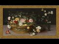 floral still life painting basket of flowers and vase gold frame art display for tv