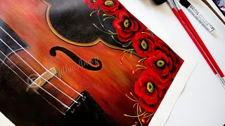 Step by Step acrylic painting on canvas for beginners | painting tutorial with violin and flowers