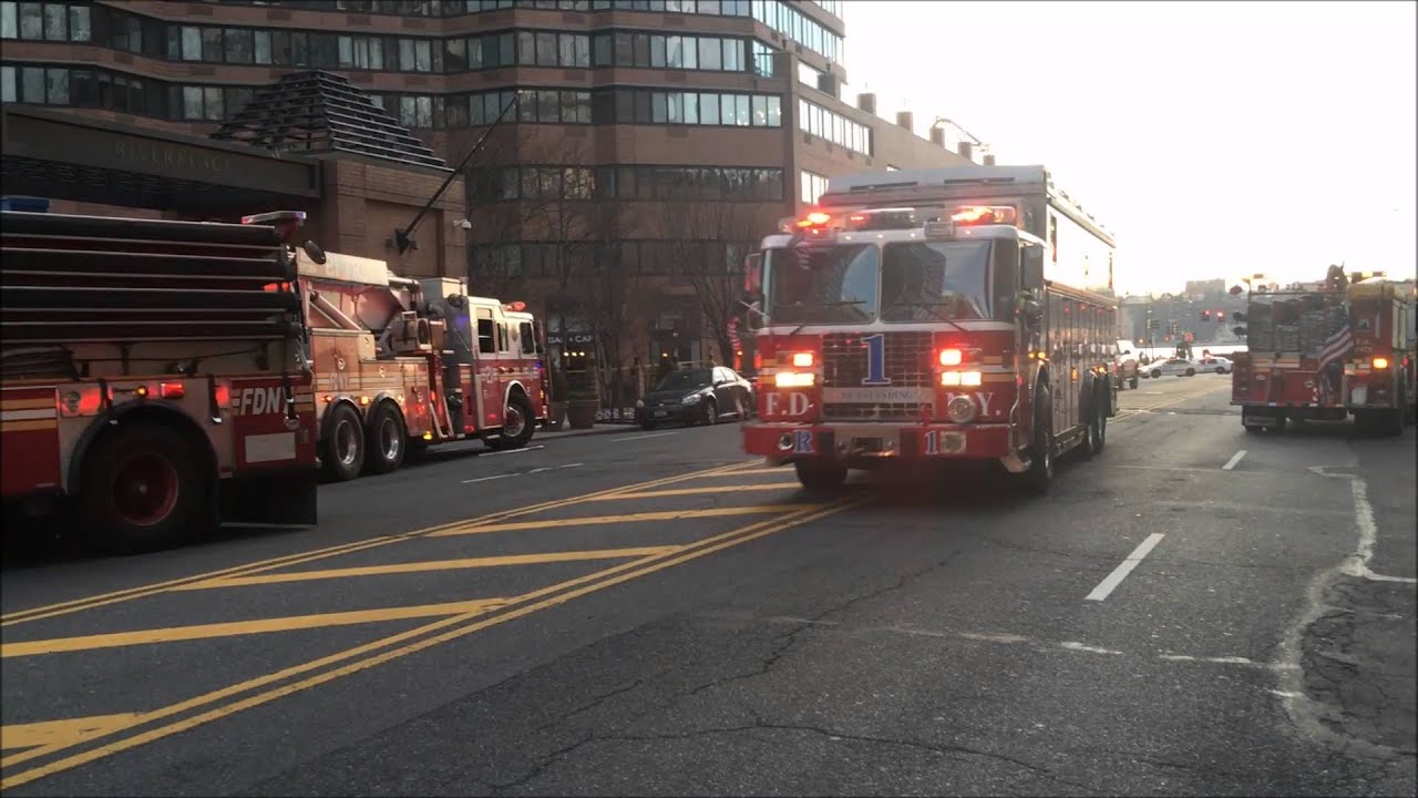 FDNY RESCUE 1 RESPONDING FROM A 10-77 HIGH RISE FIRE TO ANOTHER CALL IN ...