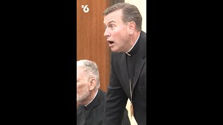 Bishop David Toups celebrates as he hears the announcement of the first American Pope