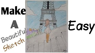 #Eiffeltower. Part-1, Girl standing ahead Eiffel tower ,Beautiful Scenery drawing for beginner.