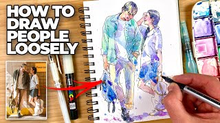 How to draw PEOPLE loosely (Step by Step Ink & Watercolor Sketching Tutorial)