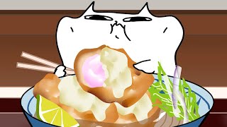 Gluttony Cat Eats Fried Chicken \u0026 Udon Noodle Mukbang Animation ASMR