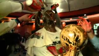 The Miami Heat celebrate with champagne showers after winning the 2012 NBA championship