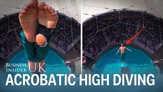 This athlete does backwards handstands off high diving boards with incredible precision