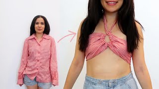 cutout front crisscross drawstring halter crop top | upcycle with me refashioning red gingham blouse