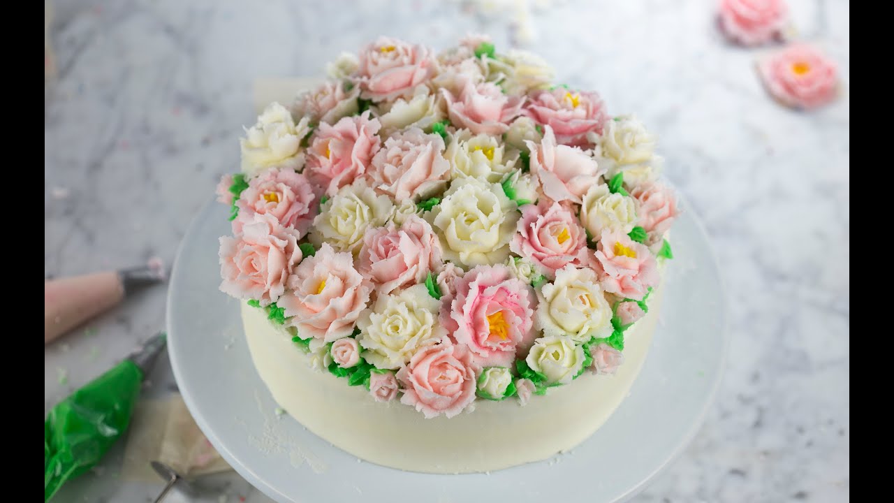 How To Make A Buttercream Rose Cake - YouTube