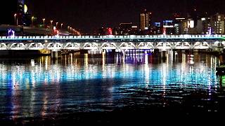 特急 りょうもう　東武鉄橋　浅草　隅田川橋梁　ライトアップ　鮮やか水色　隅田川　　アサヒビール　ハートマーク　　東武伊勢崎線（東武スカイツリーライン） 　電車　いきいきあじさい祭り色　紫陽花