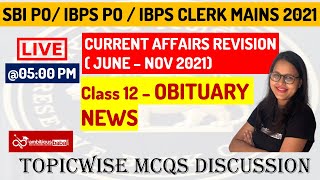 SBI PO/ IBPS CLERK/PO MAINS CURRENT AFFAIRS | Topicwise CA in MCQs | OBITUARY NEWS